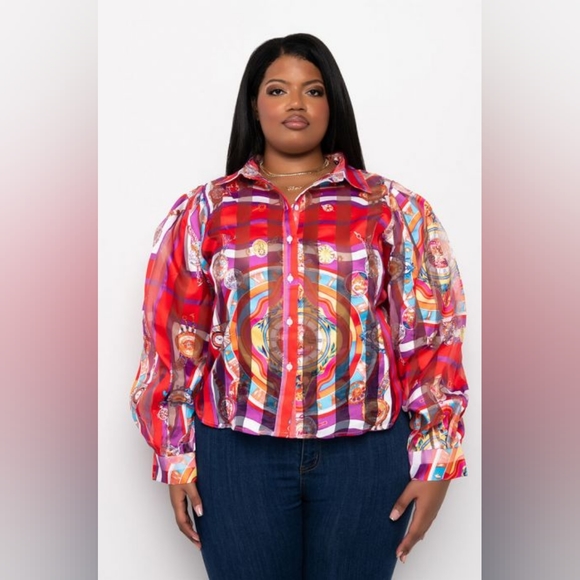 NWT Plus C'EST LA VIE Printed Sheer Blouse Size 1X - Picture 1 of 7